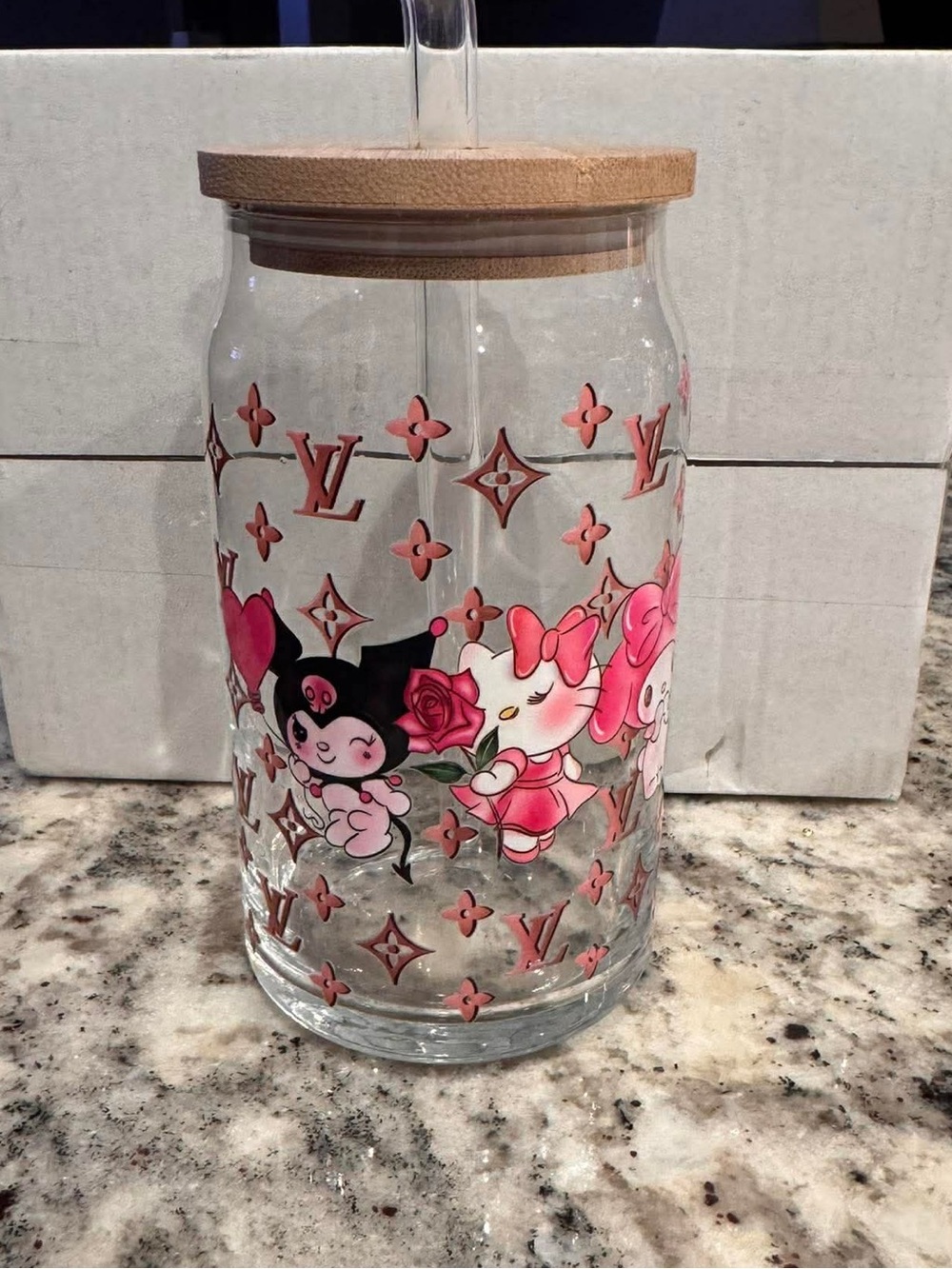 Louis Vuitton Pink Kuromi hello kitty Glass Jar with Wooden Lid & straw